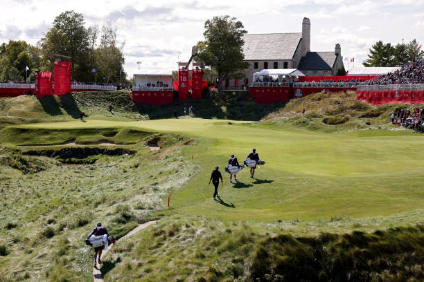 a general view of the 18th green during a practice round prior to the 43rd ryder cup at