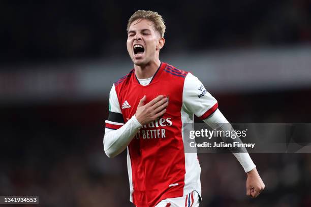 Emile Smith Rowe of Arsenal celebrates after scoring their team's second goal during the Carabao Cup Third Round match between Arsenal and AFC...