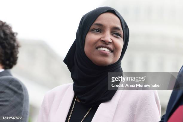 Rep. Ilhan Omar listens during a news conference on the treatment of Haitian immigrants at the U.S. Border in Texas on September 22, 2021 in...
