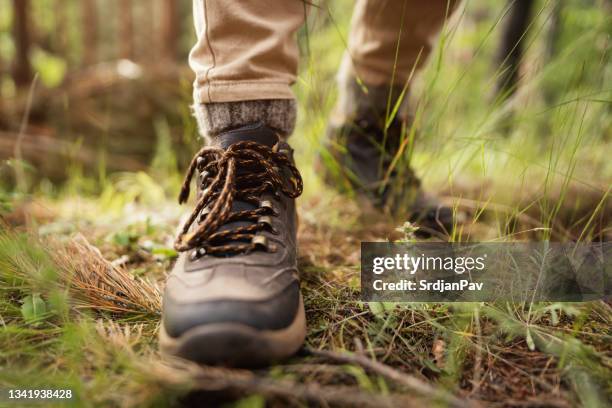 close-up of hikers boots in the woods - shoe closeup stock pictures, royalty-free photos & images