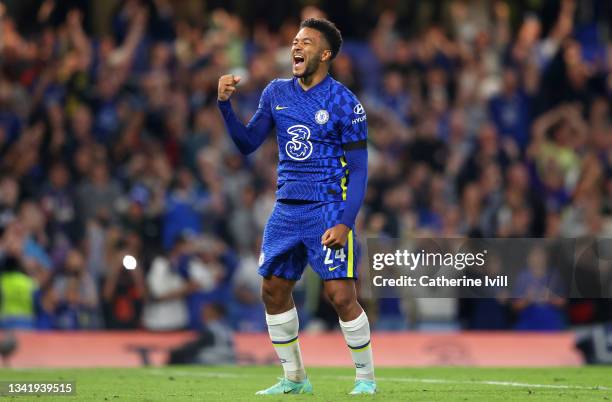 Reece James of Chelsea celebrates scoring the winning penalty during the Carabao Cup Third Round match between Chelsea and Aston Villa at Stamford...