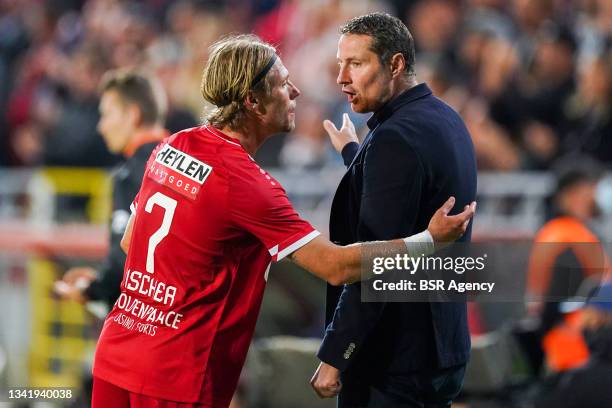 Viktor Fischer of Royal Antwerp FC and coach Brian Priske of Royal Antwerp FC during the Jupiler Pro League match between Royal Antwerp and KRC Genk...