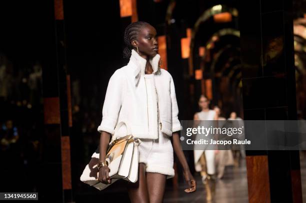 Model walks the runway at the Fendi fashion show during the Milan Fashion Week - Spring / Summer 2022 on September 22, 2021 in Milan, Italy.