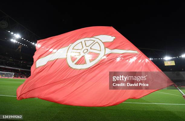 Arsenal flag waves before the Carabao Cup Third Round match between Arsenal and AFC Wimbledon at Emirates Stadium on September 22, 2021 in London,...
