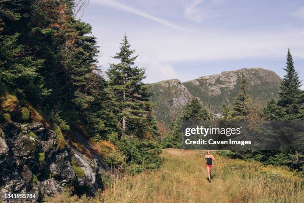 woman trail running on a rocky ridgeline in new england. - stowe vermont stock pictures, royalty-free photos & images