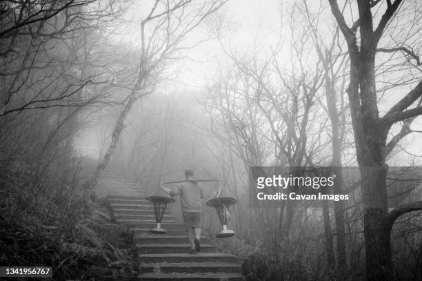 chinese man walking up stairs into fog.  yellow mountain (mt. huangshan), china. - huangshan bildbanksfoton och bilder