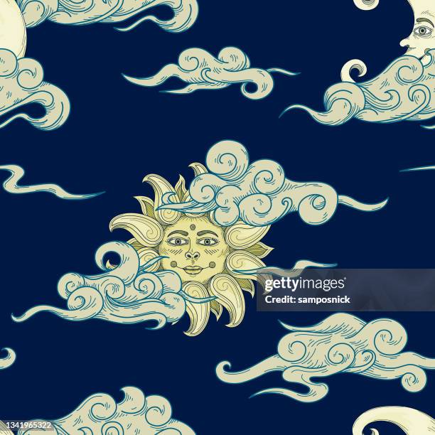 sun moon cloud wind engraved seamless pattern - sun moon stock illustrations