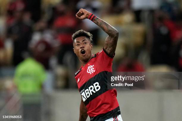 Bruno Henrique of Flamengo celebrates after scoring the first goal of his team during a semi final first leg match between Flamengo and Barcelona SC...