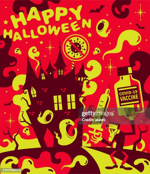 halloween safety and frankenstein holding a vaccine bottle and syringe fighting against covid-19 and guiding you to the haunted castle (mystery spot, mystery house) with a no coronavirus sign (stop infection) - offbeat stock illustrations