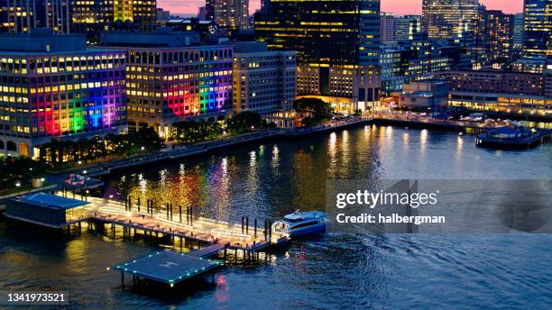 foto con drones de paulus hook en jersey city - jersey city fotografías e imágenes de stock