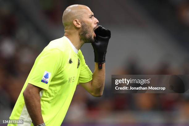 Niki Maenpaa of Venezia FC reacts during the Serie A match between AC Milan and Venezia FC at Stadio Giuseppe Meazza on September 22, 2021 in Milan,...