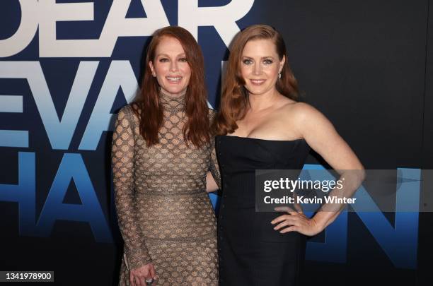 Julianne Moore and Amy Adams attend the "Dear Evan Hansen" premiere at Walt Disney Concert Hall on September 22, 2021 in Los Angeles, California.