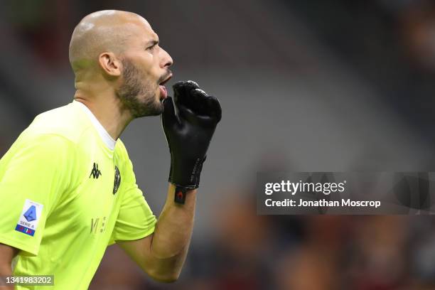 Niki Maenpaa of Venezia FC reacts during the Serie A match between AC Milan and Venezia FC at Stadio Giuseppe Meazza on September 22, 2021 in Milan,...