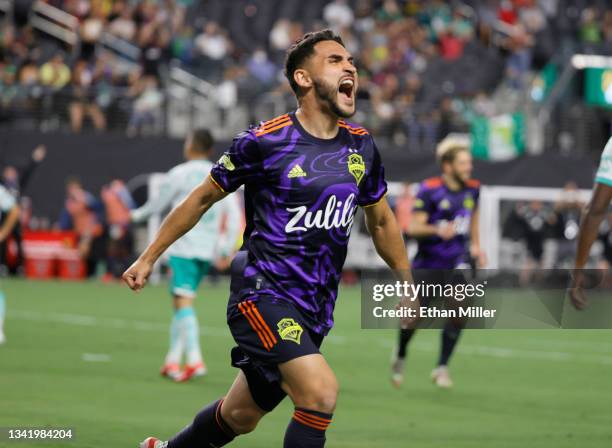 Cristian Roldan of Seattle Sounders reacts after scoring a goal against Leon during the Leagues Cup 2021 Final at Allegiant Stadium on September 22,...