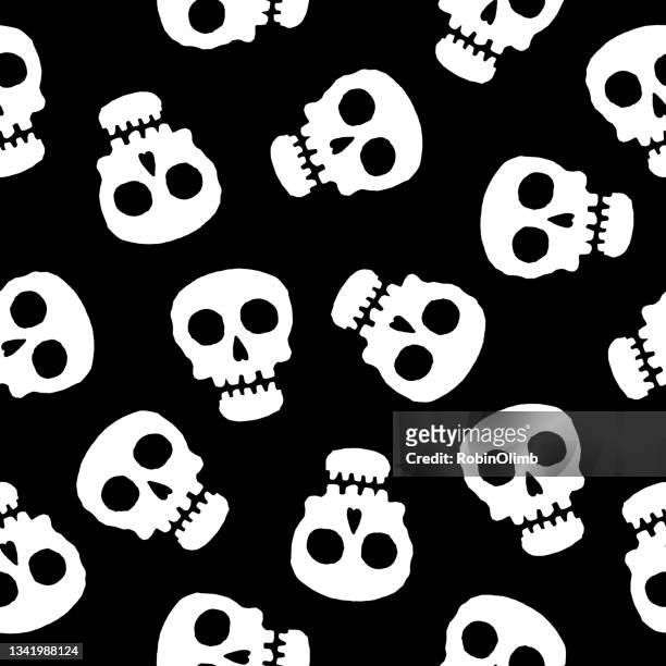 doodle white skulls seamless pattern - funny skeleton stock illustrations