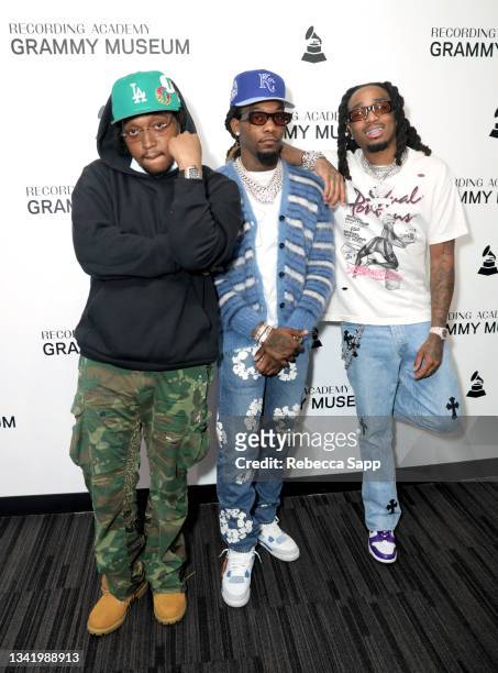 Takeoff, Offset and Quavo of Migos attend A Conversation with Migos at The GRAMMY Museum on September 22, 2021 in Los Angeles, California.