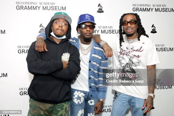 Takeoff, Offset and Quavo of Migos attend A Conversation with Migos at The GRAMMY Museum on September 22, 2021 in Los Angeles, California.