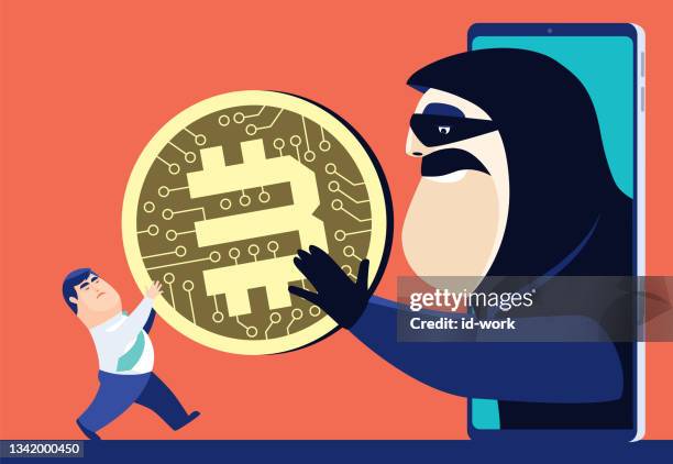 businessman and hacker competing for electronic coin via smartphone - personal connection clip art stock illustrations