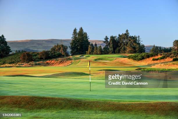 View of the green on the par 5, 18th hole in the foreground with the par 4, first hole behind on the Kings Course at Gleneagles on September 01, 2021...