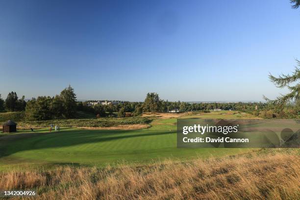 View from the left side of the green on the par 4, 17th hole with the Gleneagles Hotel behind on the Kings Course at Gleneagles on September 01, 2021...