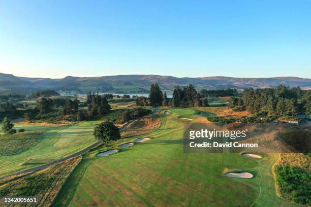 An aerial view of the par 4, first hole on the Kings Course at Gleneagles on September 01, 2021 in Auchterarder, Scotland.