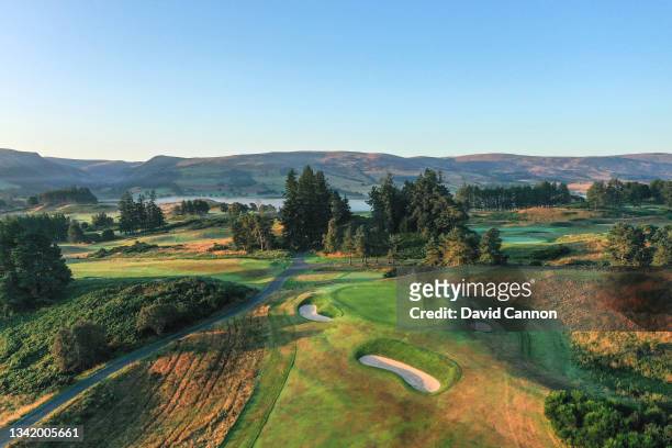 An aerial view of the green on the par 4, first hole on the Kings Course at Gleneagles on September 01, 2021 in Auchterarder, Scotland.