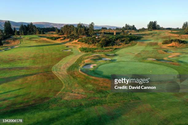 An aerial view of the par 5, 18th hole with the par 4, first hole on the Kings Course at Gleneagles on September 01, 2021 in Auchterarder, Scotland.