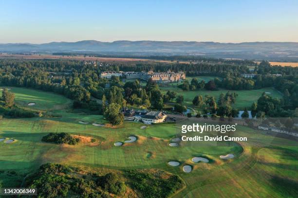 An aerial view of the approach to the green on the par 5, 18th hole on the Kings Course in the foreground with the green on par 4, 18th hole on the...