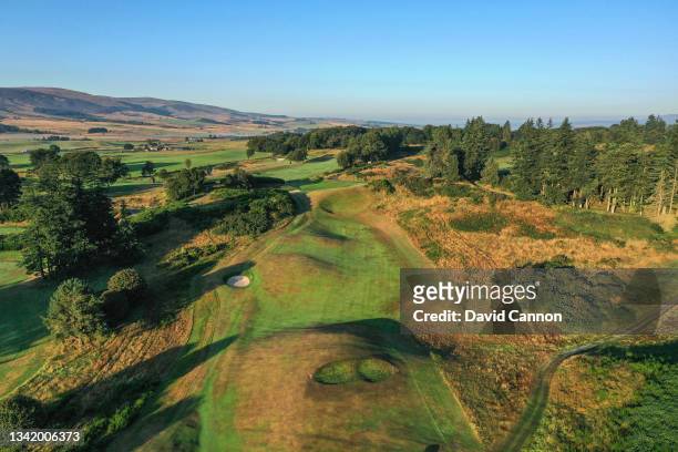 An aerial view of the par 4, third hole on the Kings Course at Gleneagles on September 01, 2021 in Auchterarder, Scotland.