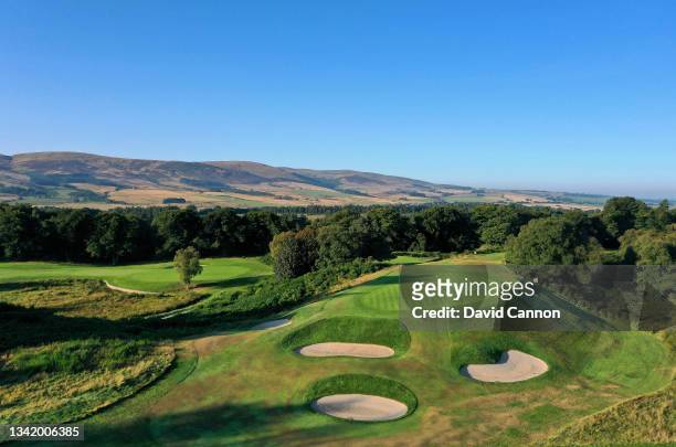 An aerial view of the par 3, fifth hole on the Kings Course at Gleneagles on September 01, 2021 in Auchterarder, Scotland.