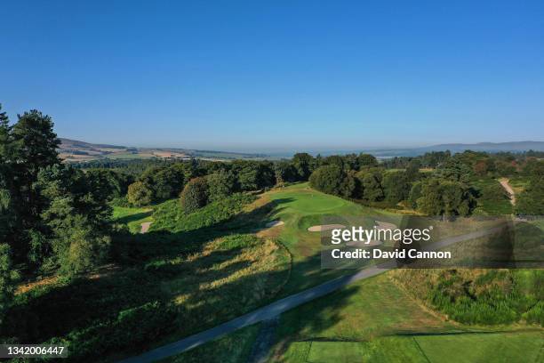 An aerial view of the par 3, fifth hole on the Kings Course at Gleneagles on September 01, 2021 in Auchterarder, Scotland.