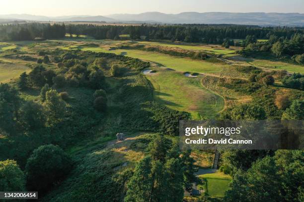 An aerial view of the par 4, seventh hole on the Kings Course at Gleneagles on September 01, 2021 in Auchterarder, Scotland.