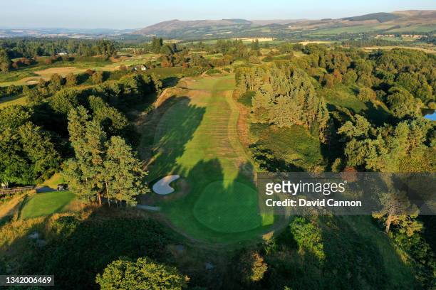 An aerial view from behind the green of the par 5, sixth hole on the Kings Course at Gleneagles on September 01, 2021 in Auchterarder, Scotland.