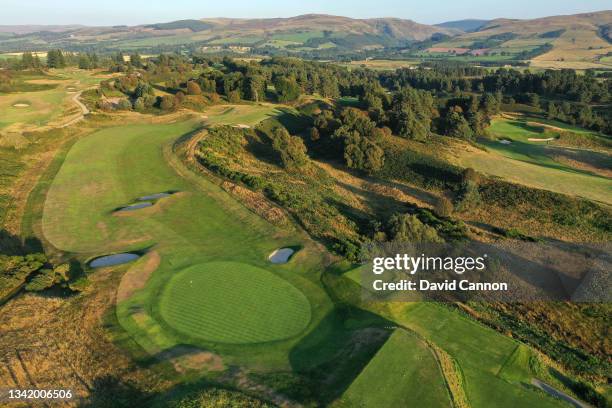 An aerial view from behind the green of the par 4, seventh hole on the Kings Course at Gleneagles on September 01, 2021 in Auchterarder, Scotland.