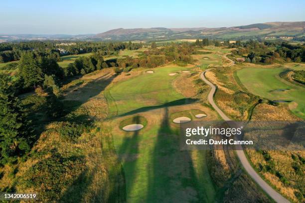 An aerial view of the par 4, 12th hole on the Kings Course at Gleneagles on September 01, 2021 in Auchterarder, Scotland.