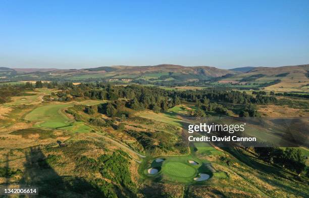 An aerial view of the par 4, ninth hole , the par 3, eighth hole and the par 4, seventh hole on the Kings Course at Gleneagles on September 01, 2021...