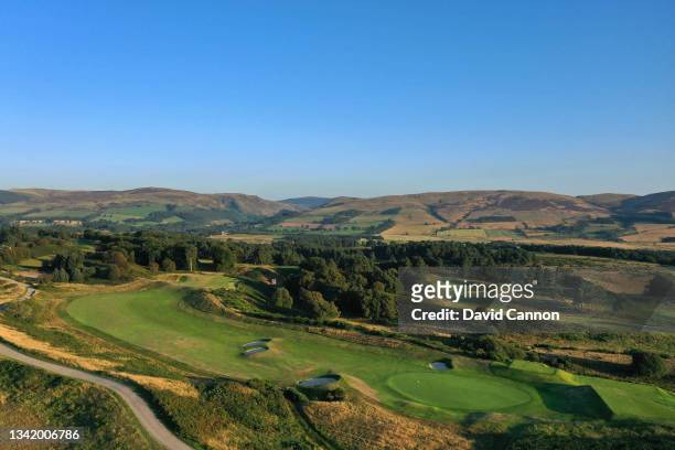 An aerial view from behind the green of the par 4, seventh hole on the Kings Course at Gleneagles on September 01, 2021 in Auchterarder, Scotland.