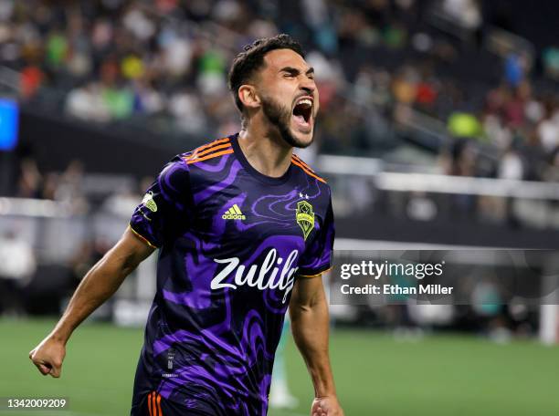 Cristian Roldan of Seattle Sounders reacts after scoring a goal against Leon during the Leagues Cup 2021 Final at Allegiant Stadium on September 22,...