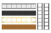 Set of vector retro 35mm foto and movie film strips. Realistic old celluloid frames of cinema film strip. Collection of blank cinema film strip frames with transparency and color effect for design.