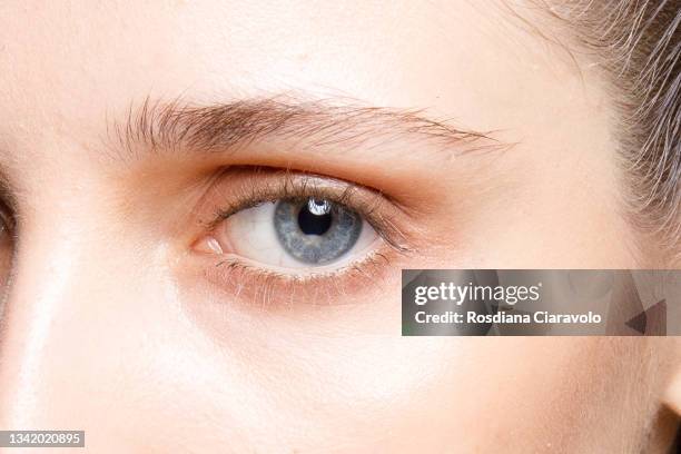 Model poses, make up detail, in the backstage of the Giada fashion show during the Milan Fashion Week - Spring / Summer 2022 on September 22, 2021 in...