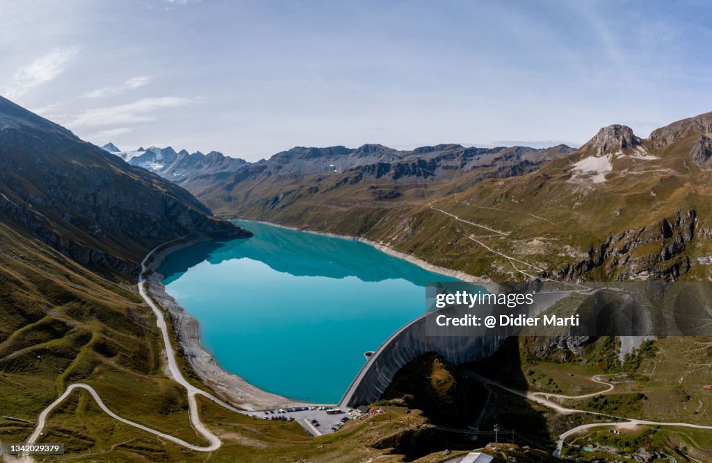 Aerial view of the Moiry lake and dam in the alps in Canton Valais in Switzerland