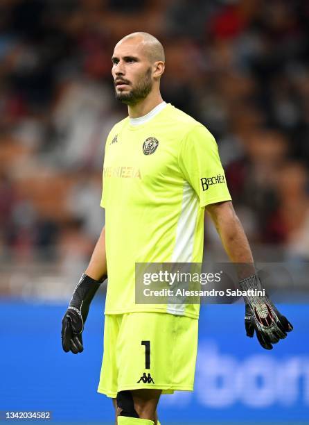 Niki Maenpaa of Venezia FC looks on during the Serie A match between AC Milan and Venezia FC at Stadio Giuseppe Meazza on September 22, 2021 in...