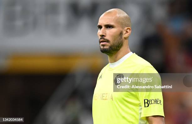 Niki Maenpaa of Venezia FC looks on during the Serie A match between AC Milan and Venezia FC at Stadio Giuseppe Meazza on September 22, 2021 in...