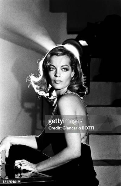 Actress Romy Schneider on the set of 'Dirty hands' 'Les innocents aux mains sales' by Claude Chabrol in 1974 in France.
