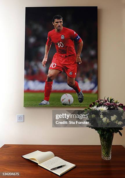 The book of condolences in memory of Gary Speed is left out at the Football of Wales offices on November 28, 2011 in Cardiff, Wales. Wales Manager...