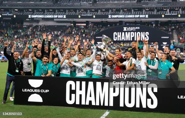 Members of Leon celebrate after the team defeated Seattle Sounders 3-2 to win the Leagues Cup 2021 Final at Allegiant Stadium on September 22, 2021...