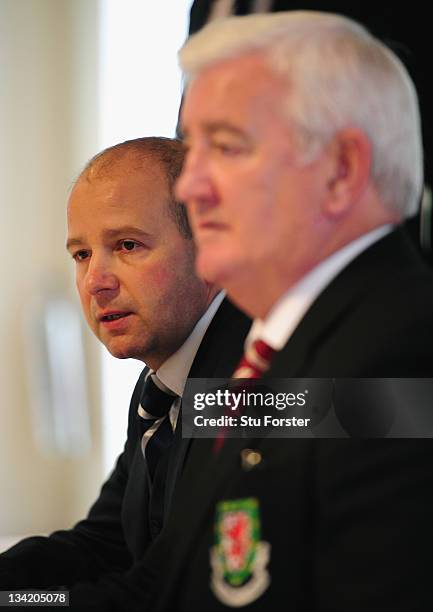 Chief executive of the Football Association of Wales Jonathan Ford and President of the Football Association of Wales, Phil Pritchard give a press...