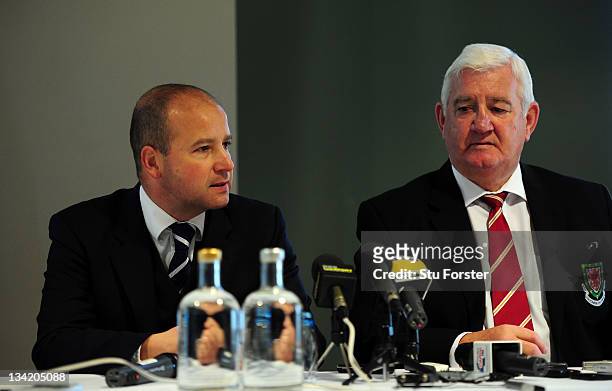 Chief executive of the Football Association of Wales Jonathan Ford and President of the Football Association of Wales, Phil Pritchard give a press...