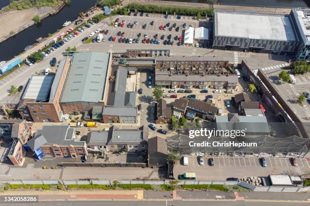aerial view of coronation steet set, manchester, england, uk - film set stock pictures, royalty-free photos & images