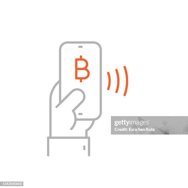pay with bitcoin line icon with editable stroke - mobile payment cafe stock illustrations